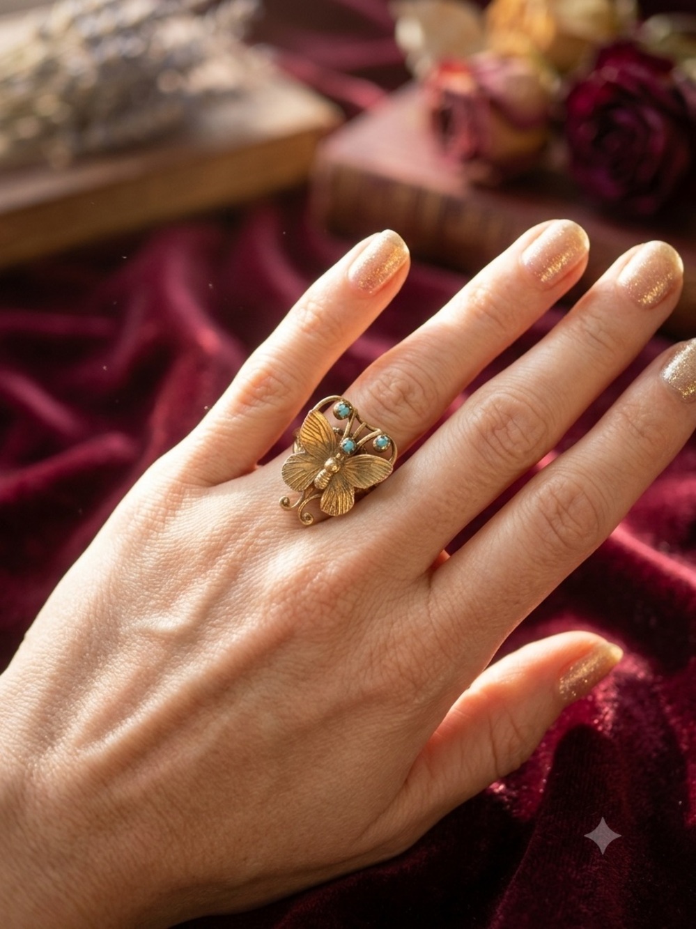 Vintage Gold-tone Butterfly Ring with Turquoise Accents - Women Jewelry